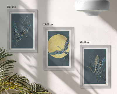 Trittico incorniciato Gru in volo sullo sfondo della luna e delle stelle.