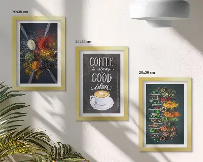 Trittico incorniciato caffè speziato con tazza di erbe aromatiche da cucina