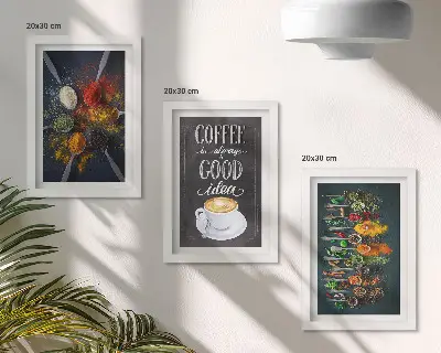Trittico incorniciato caffè speziato con tazza di erbe aromatiche da cucina