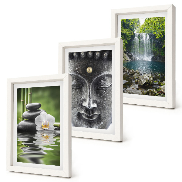 Composizione di 3 quadri Armonia della natura con pietre, acqua e Buddha