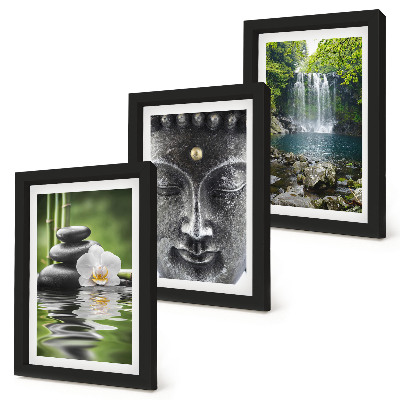 Composizione di 3 quadri Armonia della natura con pietre, acqua e Buddha