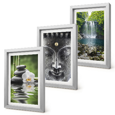 Composizione di 3 quadri Armonia della natura con pietre, acqua e Buddha