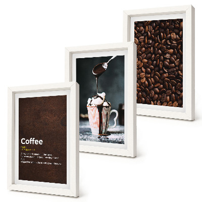 Composizione di 3 quadri definizione di bevanda a base di panna montata con chicchi di caffè
