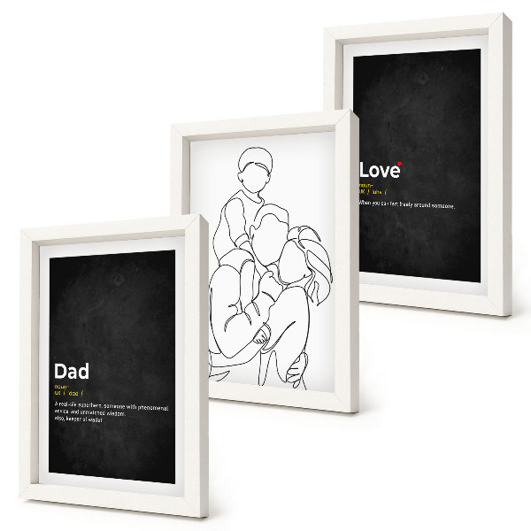 Composizione di 3 quadri Illustrazione stilizzata di una famiglia con definizioni di amore e paternità.