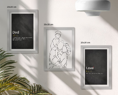 Composizione di 3 quadri Illustrazione stilizzata di una famiglia con definizioni di amore e paternità.