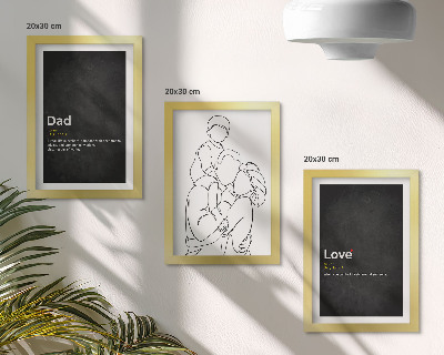 Composizione di 3 quadri Illustrazione stilizzata di una famiglia con definizioni di amore e paternità.