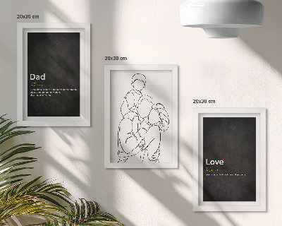 Composizione di 3 quadri Illustrazione stilizzata di una famiglia con definizioni di amore e paternità.