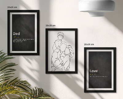 Composizione di 3 quadri Illustrazione stilizzata di una famiglia con definizioni di amore e paternità.