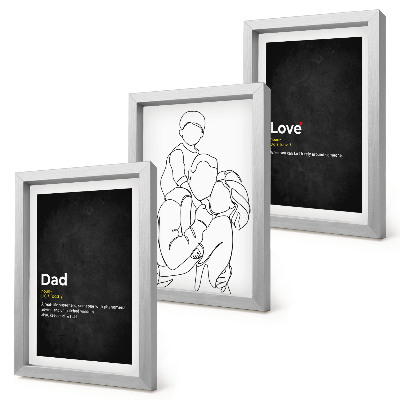 Composizione di 3 quadri Illustrazione stilizzata di una famiglia con definizioni di amore e paternità.