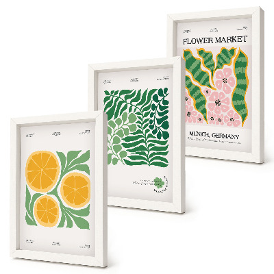 Composizione di 3 quadri Poster con motivi di frutta e piante in colori pastello