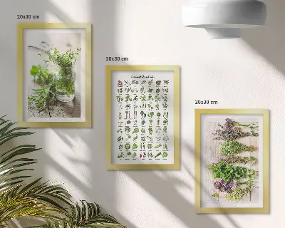 Trittico incorniciato con piante essiccate per la lista delle erbe aromatiche in cucina