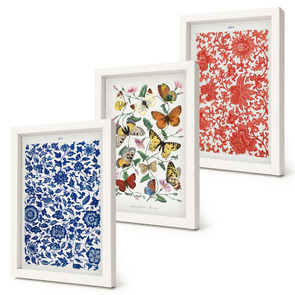 Trittico incorniciato Poster vintage con fiori, farfalle e ornamenti
