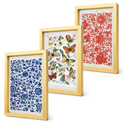 Trittico incorniciato Poster vintage con fiori, farfalle e ornamenti