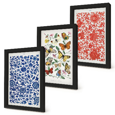 Trittico incorniciato Poster vintage con fiori, farfalle e ornamenti