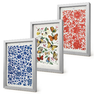 Trittico incorniciato Poster vintage con fiori, farfalle e ornamenti