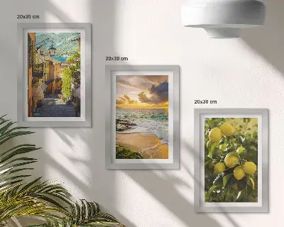 Trittico incorniciato con strade pittoresche, mare, spiaggia e alberi di agrumi