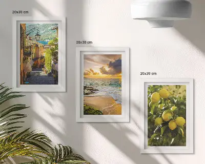 Trittico incorniciato con strade pittoresche, mare, spiaggia e alberi di agrumi