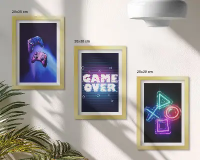 Composizione di 3 quadri con grafica a tema Gamepad e icone di Game Over