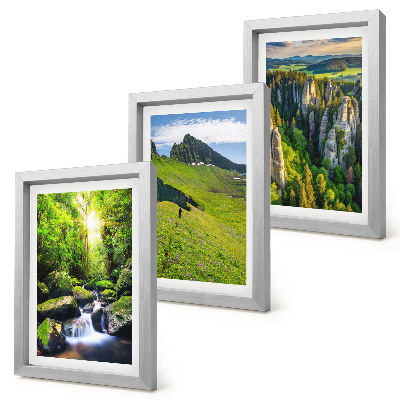 Composizione di 3 quadri Paesaggi montani verdi con cascata e foresta