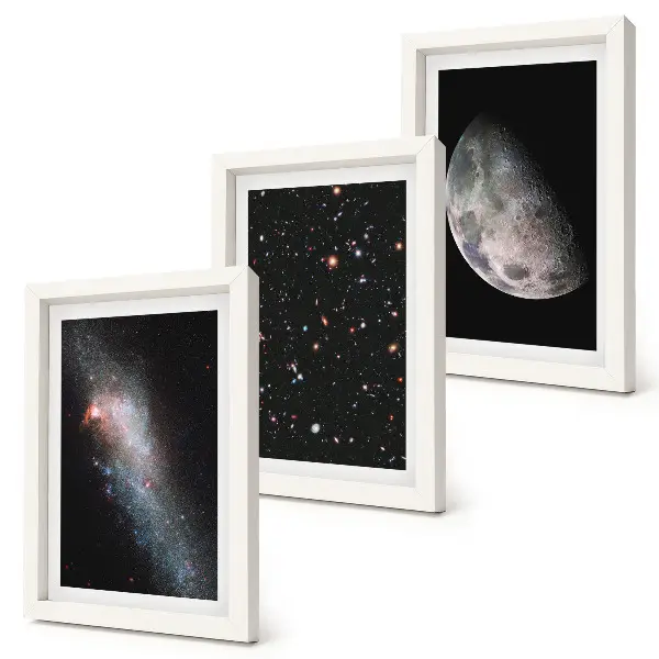 Composizione di 3 quadri con stampa di spazio galattico, stelle e luna piena