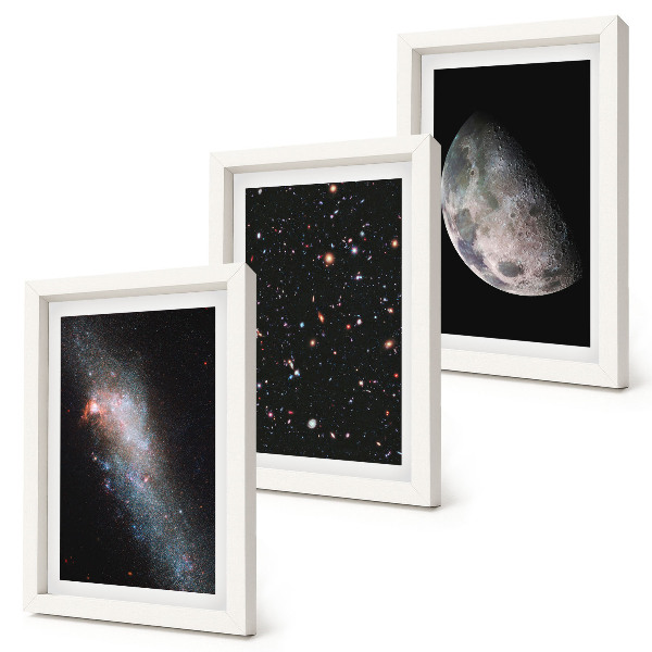Composizione di 3 quadri Spazio galattico stelle e luna piena