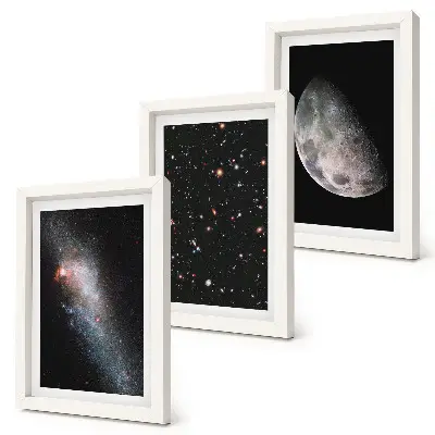 Composizione di 3 quadri con stampa di spazio galattico, stelle e luna piena