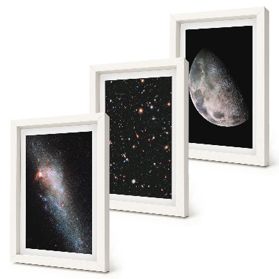 Composizione di 3 quadri Spazio galattico stelle e luna piena