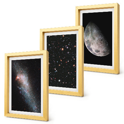 Composizione di 3 quadri Spazio galattico stelle e luna piena