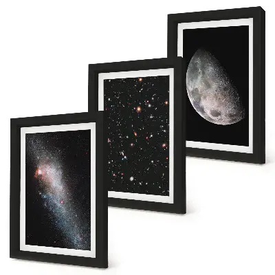 Composizione di 3 quadri con stampa di spazio galattico, stelle e luna piena