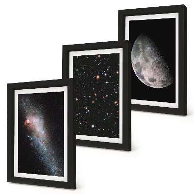Composizione di 3 quadri Spazio galattico stelle e luna piena