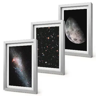 Composizione di 3 quadri con stampa di spazio galattico, stelle e luna piena