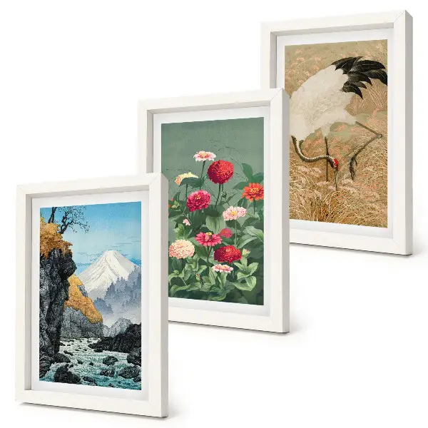 Composizione di 3 quadri con paesaggio montano, fiume, fiori e gru nell'erba