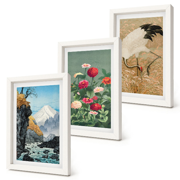 Composizione di 3 quadri Montagne nel paesaggio, fiume, fiori e gru nell'erba