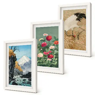 Composizione di 3 quadri con paesaggio montano, fiume, fiori e gru nell'erba