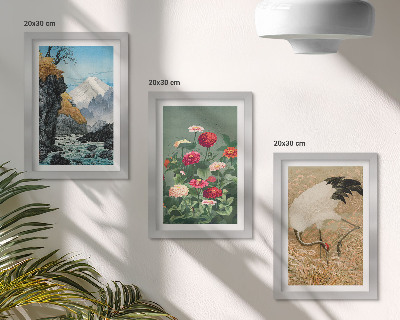 Composizione di 3 quadri Montagne nel paesaggio, fiume, fiori e gru nell'erba