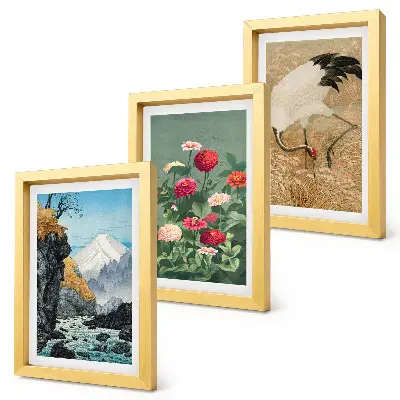 Composizione di 3 quadri con paesaggio montano, fiume, fiori e gru nell'erba