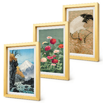 Composizione di 3 quadri Montagne nel paesaggio, fiume, fiori e gru nell'erba