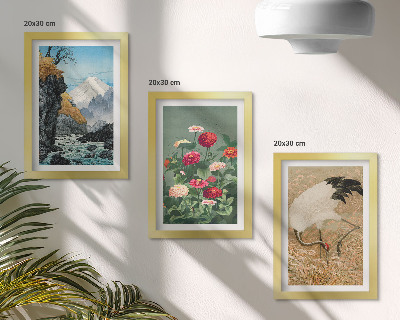 Composizione di 3 quadri Montagne nel paesaggio, fiume, fiori e gru nell'erba