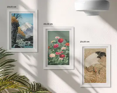 Composizione di 3 quadri con paesaggio montano, fiume, fiori e gru nell'erba