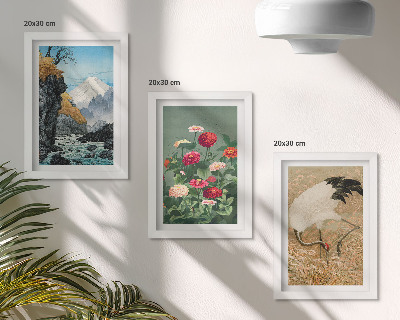 Composizione di 3 quadri Montagne nel paesaggio, fiume, fiori e gru nell'erba