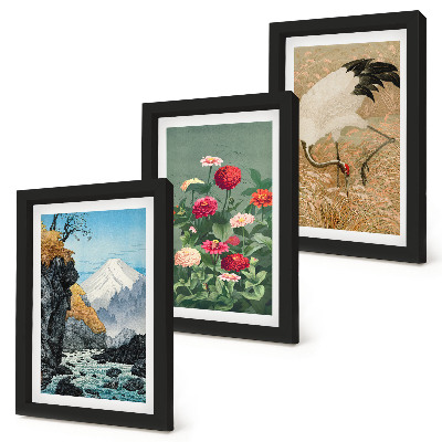 Composizione di 3 quadri Montagne nel paesaggio, fiume, fiori e gru nell'erba