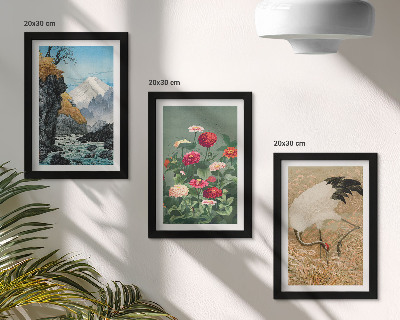Composizione di 3 quadri Montagne nel paesaggio, fiume, fiori e gru nell'erba