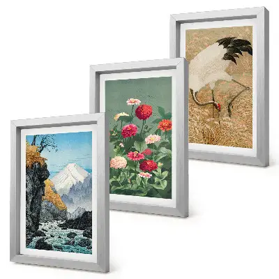 Composizione di 3 quadri con paesaggio montano, fiume, fiori e gru nell'erba