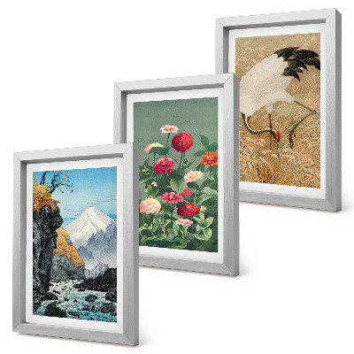 Composizione di 3 quadri Montagne nel paesaggio, fiume, fiori e gru nell'erba