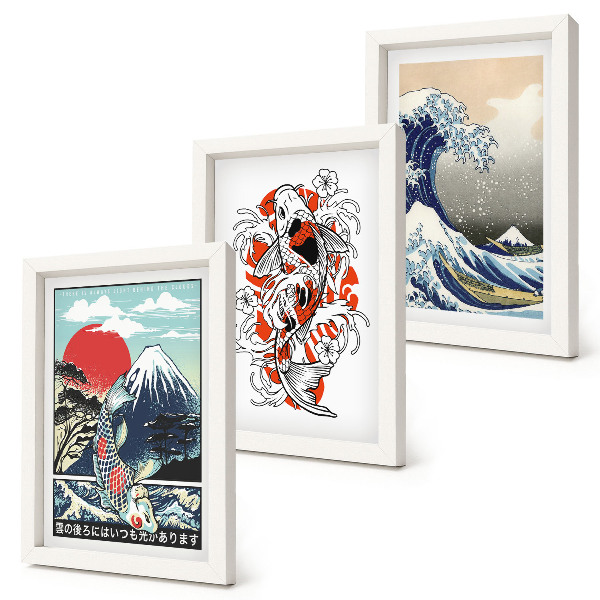 Composizione di 3 quadri Illustrazioni di montagne di pesci e della Grande Onda al largo di Kanagawa, in stile giapponese.