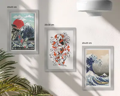 Composizione di 3 quadri con illustrazioni di montagne di pesci e della Grande Onda al largo di Kanagawa in stile giapponese