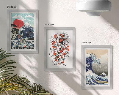Composizione di 3 quadri Illustrazioni di montagne di pesci e della Grande Onda al largo di Kanagawa, in stile giapponese.