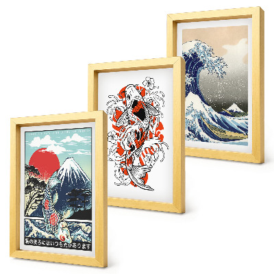 Composizione di 3 quadri Illustrazioni di montagne di pesci e della Grande Onda al largo di Kanagawa, in stile giapponese.