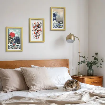 Composizione di 3 quadri con illustrazioni di montagne di pesci e della Grande Onda al largo di Kanagawa in stile giapponese