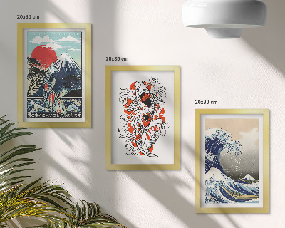 Composizione di 3 quadri Illustrazioni di montagne di pesci e della Grande Onda al largo di Kanagawa, in stile giapponese.